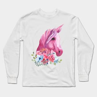 Unicorn Fantasy Horse with Magenta Flowers Watercolor Art Long Sleeve T-Shirt